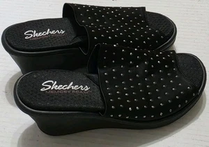 Sketchers Black Nylon Bling Wedge Heel Slide Sandals Woman's Size 6 Rhinestone - Picture 1 of 11