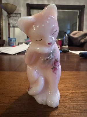 Fenton Art Glass Pink Hand Signed Painted Cat Figurine Signed 4 Inch Sleeping - Image 1 of 4