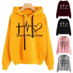 Heart Print Hoodie Sweatshirt Pullover Tops Women Long Sleeve Sports Clothes - Picture 1 of 6