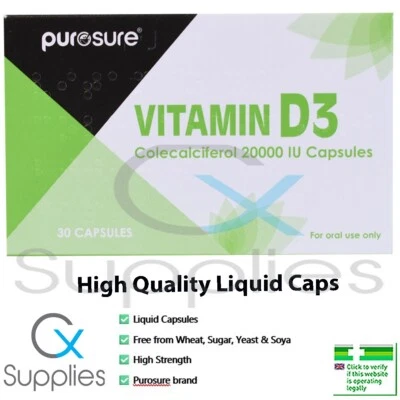 SUPER STRENGTH Vitamin D3 20000iu Capsules⭐1,2,6 or 12x30⭐⭐PUROSURE⭐Liquid Caps⭐