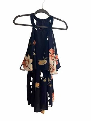 Navy Floral Romper OSFM Halter  Blouson Lined Upper Zippered - Image 1 of 4