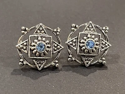 Silver Bali Pewter Sapphire Crystal Earrings Stud Post Boho Gypsy Womens Jewelry Foto 1 de 2