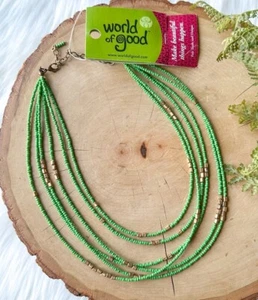 WORLD OF GOOD Green & Gold Seed Bead Handmade Necklace Fair Trade NEW - Picture 1 of 2