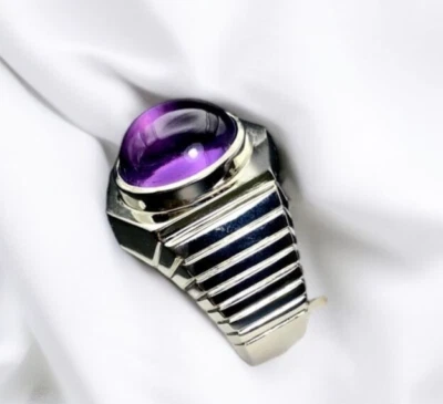 Anillo unisex de plata 925 con cabujón natural banda de amatista de plata para hombre y mujer Foto 1 de 4
