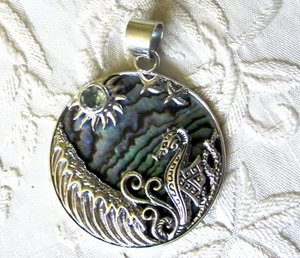 Abalone & Topaz Seahorse Pendant / 925 Sterling Silver/ 1.5 inches long / 6.6g - Picture 1 of 3