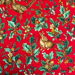 Vintage Woodland Christmas Fabric Red Cotton Print 32x40 - Picture 1 of 6