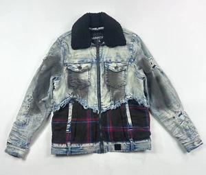 Makobi Mens Small Blue Plaid Full Zip Distressed Denim Jean Sherpa Jacket M1035 - Picture 1 of 10