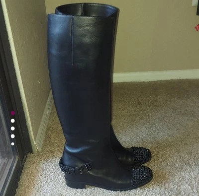 CHRISTIAN LOUBOUTIN Black Leather Studded Tall Riding Boots 37.5 $1495 SOLD OUT - Image 1 of 4