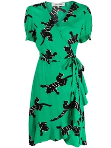 Diane von Furstenberg DVF Climbing Panther Short Wrap Dress Green & Black M - Picture 1 of 8