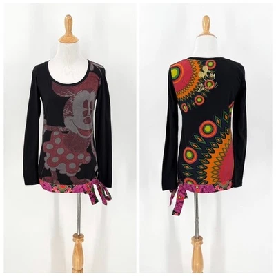 Túnica Desigual Disney Minnie Mouse Top Mujer Mediana Negra Manga Larga Corbata Cintura Foto 1 de 4
