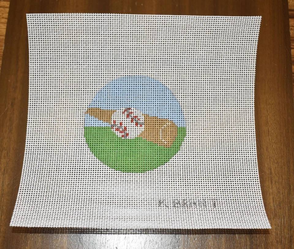 hand painted needlepoint canvas #14 baseball bat ball 3 1/4" round sports - Image 1 of 1