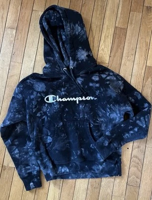 Champion Tejido Inverso Negro Ácido Tie Dye Sudadera con Capucha Lámina Plateada Pesada Para Mujer Talla S Foto 1 de 4