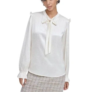 Calvin Klein Smock Textured Tie-Neck Ruffled Cream Long Sleeve Blouse Large NWT - Picture 1 of 16