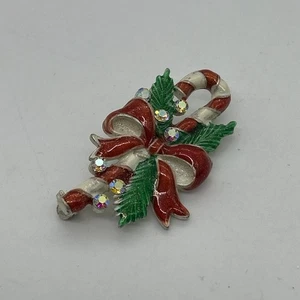 Vintage Christmas Candy Cane Brooch White Enamel Crystals Bling - Bild 1 von 9