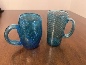 DE COLECCIÓN RARO AGUAMARINA SOPLADO A MANO ARTE BURBUJA 2 TAZAS 20 OZ Y 16 OZ - Imagen 1 de 6