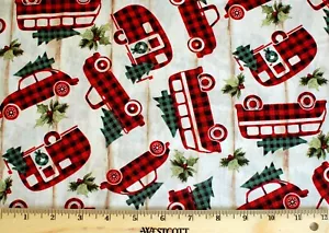 BTY*CHRISTMAS*100% COTTON FABRIC RED/BLACK BUFFALO CHECK CARS/VANS ON TAN 44X36 - Picture 1 of 2