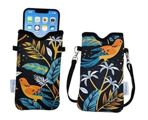 Men Women Neoprene Phone Sleeve Pouch Case Bag with Birds Floral Navy Blue - Picture 1 of 7