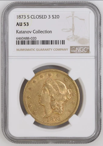 NGC AU-53 $20 Gold Coin Double Eagle NGC AU-53 1873-S Closed 3 Cover