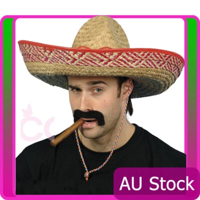 Mexican Embroidered Sombrero Straw Hat Mens Spanish Fiesta Fancy Dress Costume - Image 1 of 2