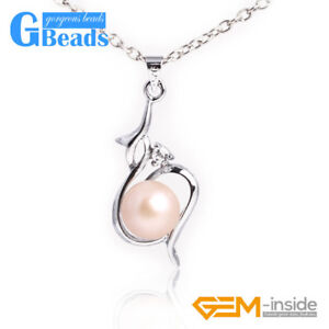 Necklace Freshwater Pearls White Gold Plated Heart Pendant Jewelry Charm 9-10mm