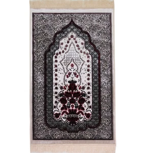 Alfombra de oración islámica de terciopelo de lujo Modefa | rosa de invierno - negro azabache y rosa rubor - Imagen 1 de 8