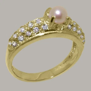 Real 18k Yellow Gold Cultured Pearl & Diamond Womens Band Ring - Sizes 4 to 12 - Picture 1 of 5