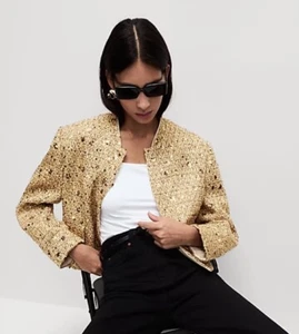 BNWT M&S Tweed Gold Sequin Cropped Bomber Jacket Size 22 - Picture 1 of 10