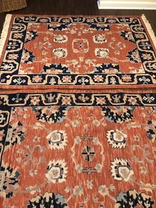 Vintage Pair 2 Oriental Hand Loomed + Knotted Area Rugs Navy Blue Burnt Orange - Picture 1 of 24