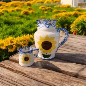 Vintage Artisan Pottery Pitcher & Creamer Handcrafted Sunflowers Bold Nostalgic - Picture 1 of 9