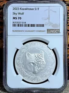 RARO 2023 Kazajstán 1 Tenge WOLF Kokbori 1 OZ Plata 9999 Inversión NGC MS70 - Imagen 1 de 6