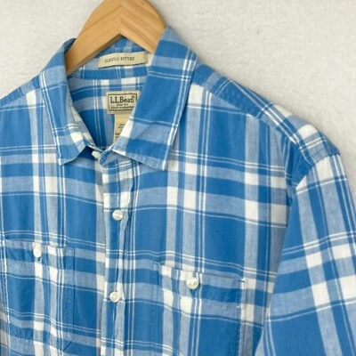 LL BEAN Shirt Mens L Check Slightly Fitted Button Up Woven Linen Cotton Blue - Image 1 of 4