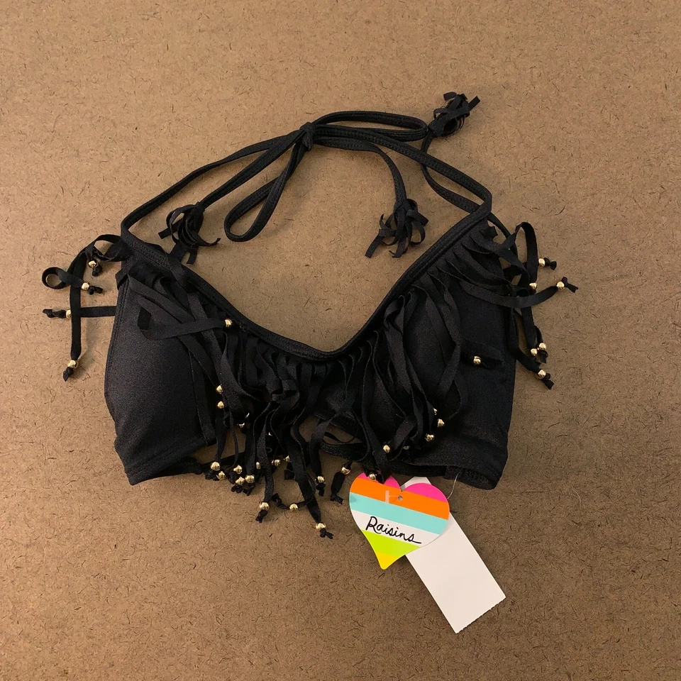 Raisins Juniors Size Large Black Beaded Fringe Bra Padded Bikini Swim Top NWT - Image 1 of 4