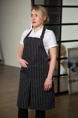Black Premium Bib Apron Kitchen Chef Cooking Baking Stripped 2 Pockets Man/Woman - Image 1 of 4