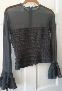 Tadashi Shoji Evening Top Ruffled Black Bodice Mesh Bell Sleeves Vintage Glam S - Picture 1 of 11