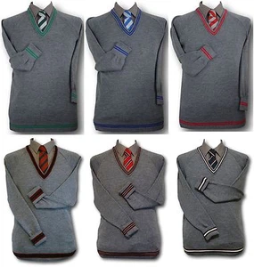 Grey WOOLLEN School Uniform Jumpers Many Trim Colours - Trim At Neck Cuffs Welt - Picture 1 of 22