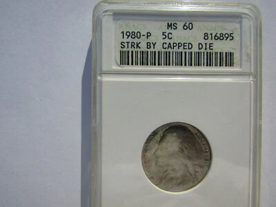 1980-P Jefferson nickel struck by capped die error anacs MS-60 - Image 1 of 3
