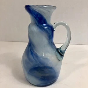 Blue Slag Blown Glass Pitcher Ewer Applied Handle Creamer Oil Ground Pontil 5” - Picture 1 of 5