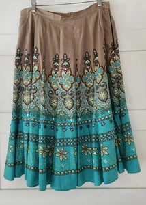Coldwater Creek Linen Blend Lined Panel Midi Skirt Size LP Brown,Turquoise Boho - Picture 1 of 8