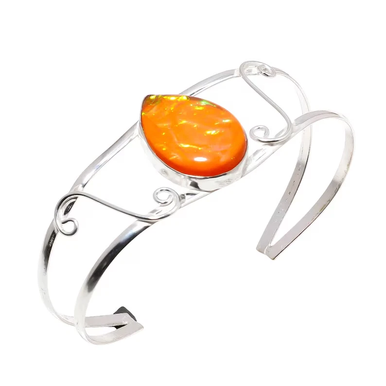 Brazalete de plata de ley 925 con piedras preciosas de ópalo ajuste de tamaño de joyería. Foto 1 de 1