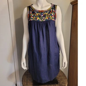 J CREW G5316 Sleeveless Floral Embroidered Boho Dress Sz 14 Linen Cotton Cottage - Picture 1 of 10