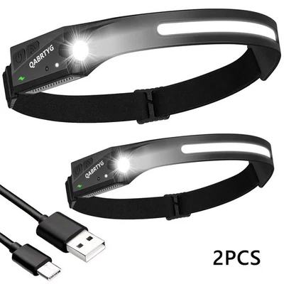 2PCS Stirnlampe COB+LED Kopflampe USB Wiederaufladbar Bewegungssensor 5-Modi - Bild 1 von 4