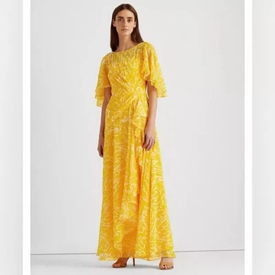 Vestido de Noche Lauren Ralph Lauren Paisley Volantes Amarillo Talla 14 Foto 1 de 4