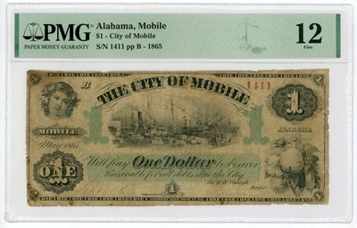 1865 $1 The City of Mobile - Mobile, ALABAMA Note PMG Fine 12 - Image 1 of 2