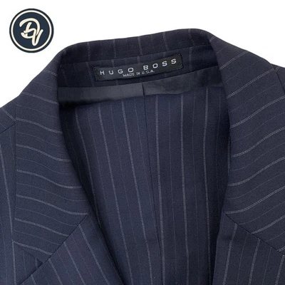 VTG 44 L HUGO BOSS Navy Blue Multi Stripe " Classic Cut " Wool Suit Made USA - image 1 of 4