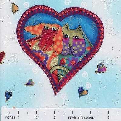 Fabulous Felines Laurel Burch Heart Cameo Light Aqua Cats Fabric By the 1/3 YD - Image 1 of 4