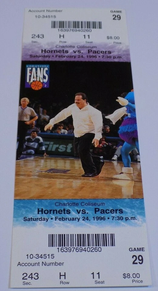 Charlotte Hornets Indiana Pacers Ticket Stub #11 2/24/96 Reggie Miller Rik Smits - Image 1 of 1