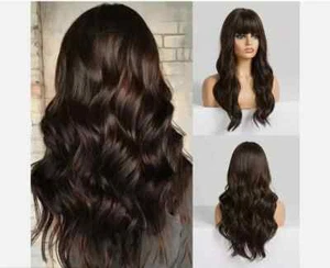Real hair New Elegant Women Tousled Long Dark Brown Wavy Human Hair Wigs 24 in - Picture 1 of 7
