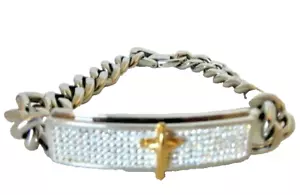 Bracciale Maglia Cubana Uomo Acciaio Inox Solido Bicolore Croce ID CZ 9 Pollici - Foto 1 di 7