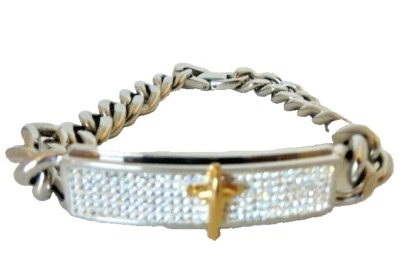  Pulseira Masculina de Aço Inoxidável Sólido Dois Tons Cross ID CZ Cuban Link 9 Polegadas  - Imagem 1 de 4