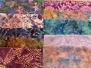 Lote de 10 restos de tela de algodón batik octavos gruesos 9" x 21 morado - Imagen 1 de 3